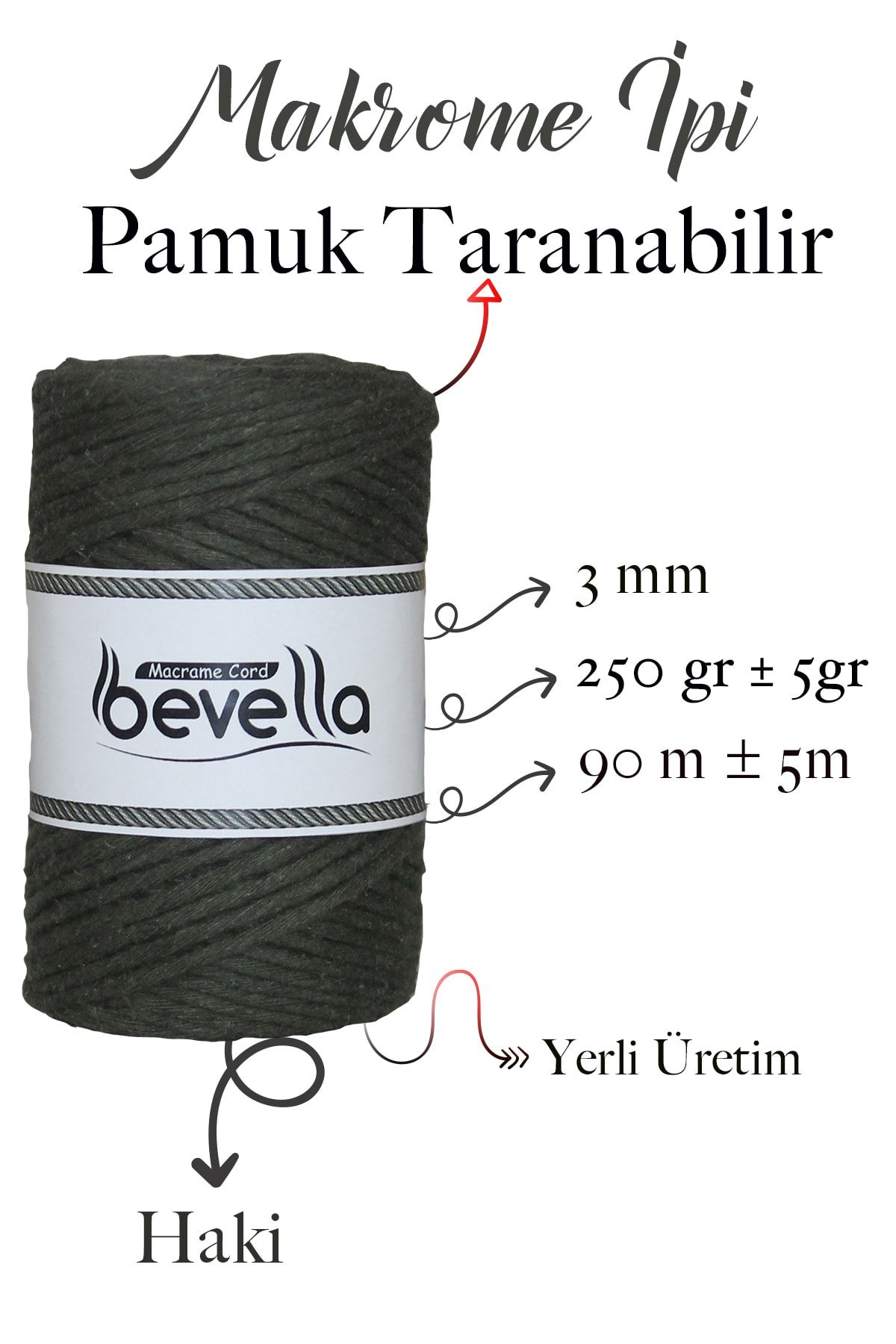 Bevella Macrame Cord-سلسلة مكرامية تاران 3 مم من القطن القابل للالتواء بحلقة واحدة كاكي 2