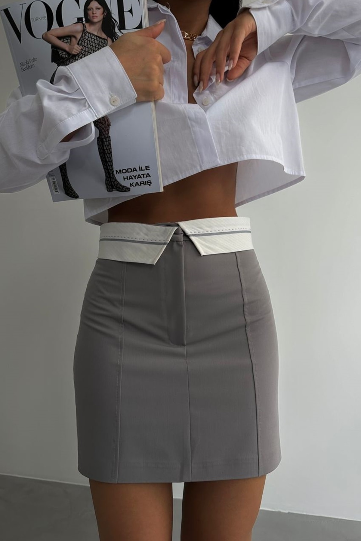 vuvutasarım Kadın Bel Katlama Detaylı Gri Mini Etek Grey Mini Skirt 23s02003