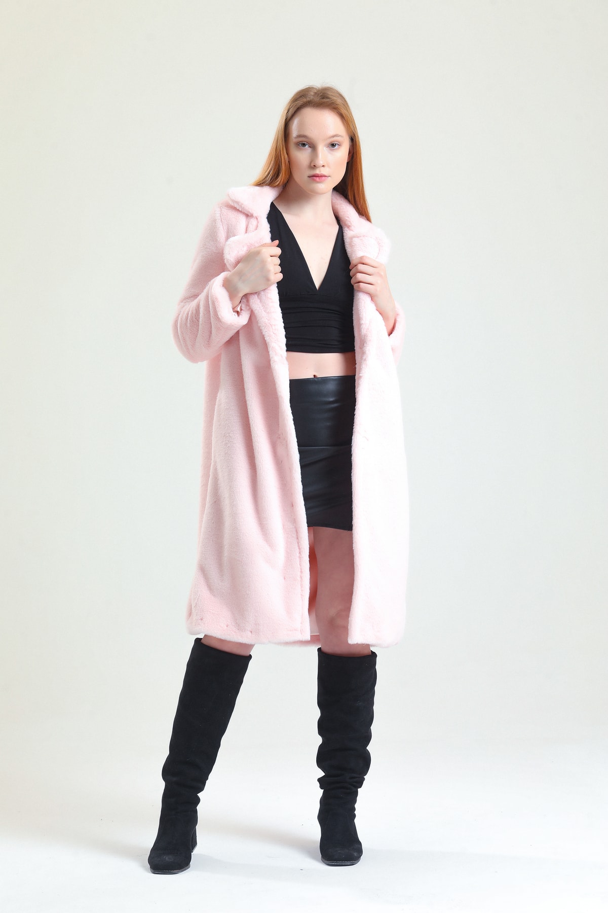 KürkZone  Kadın Pembe Ingiliz Yaka Rex Panda Kürk Peluş Manto - Görsel 3