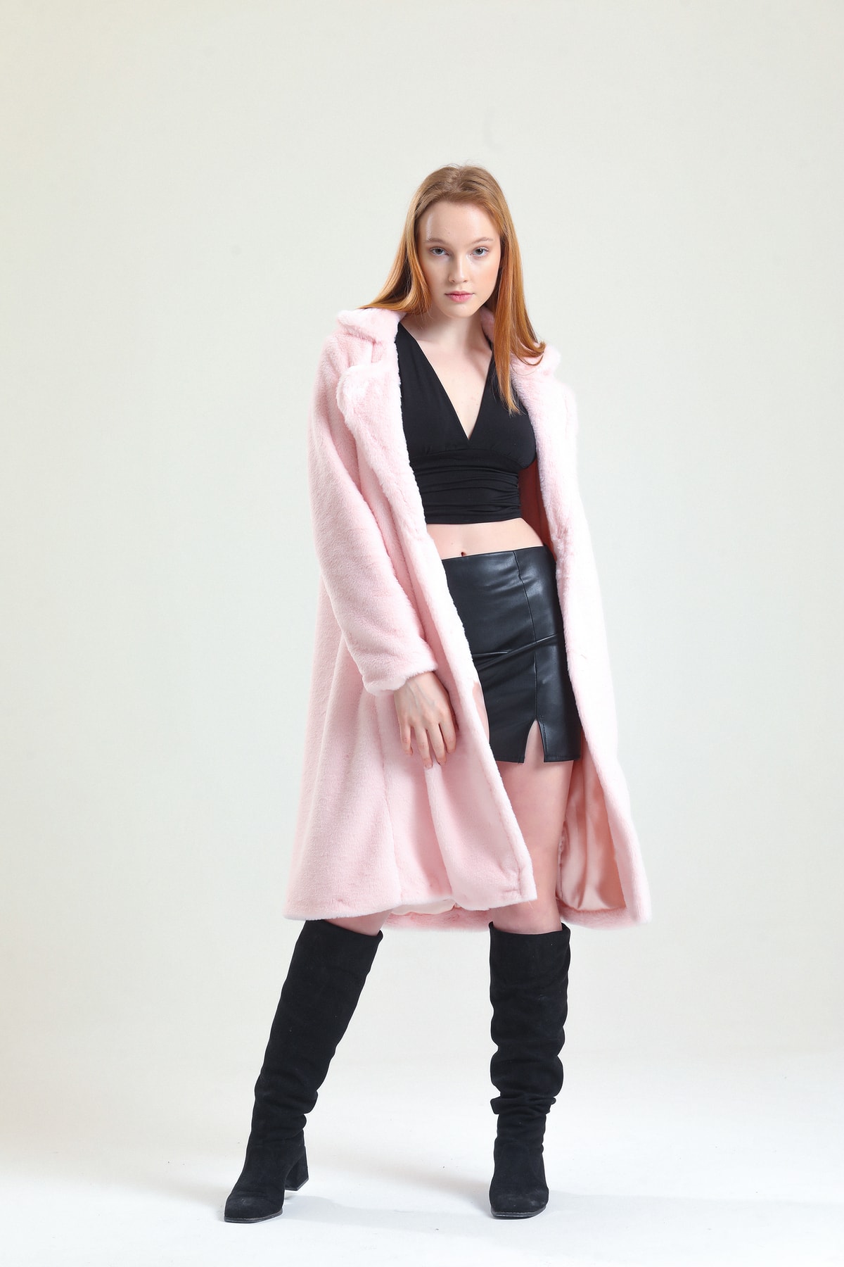 KürkZone  Kadın Pembe Ingiliz Yaka Rex Panda Kürk Peluş Manto - Görsel 5