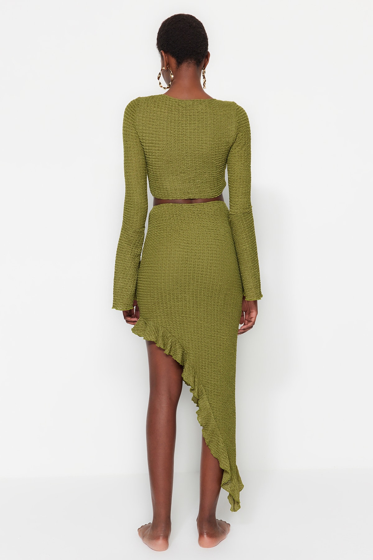 Trendyolmilla  Plaj Giyim Yeşil Dokuma Fırfırlı Bluz-Etek Takım TBESS23AU00040 - Görsel 7