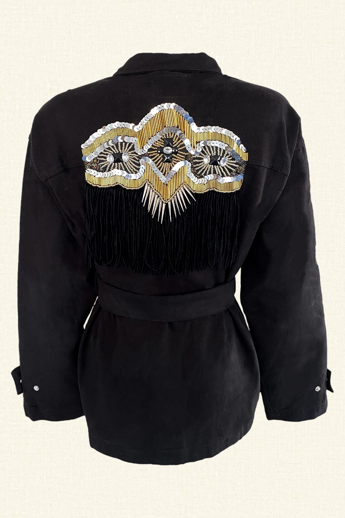 GZ Design Kadın Sırtı Taşlı Püsküllü Siyah Jean Ceket STP