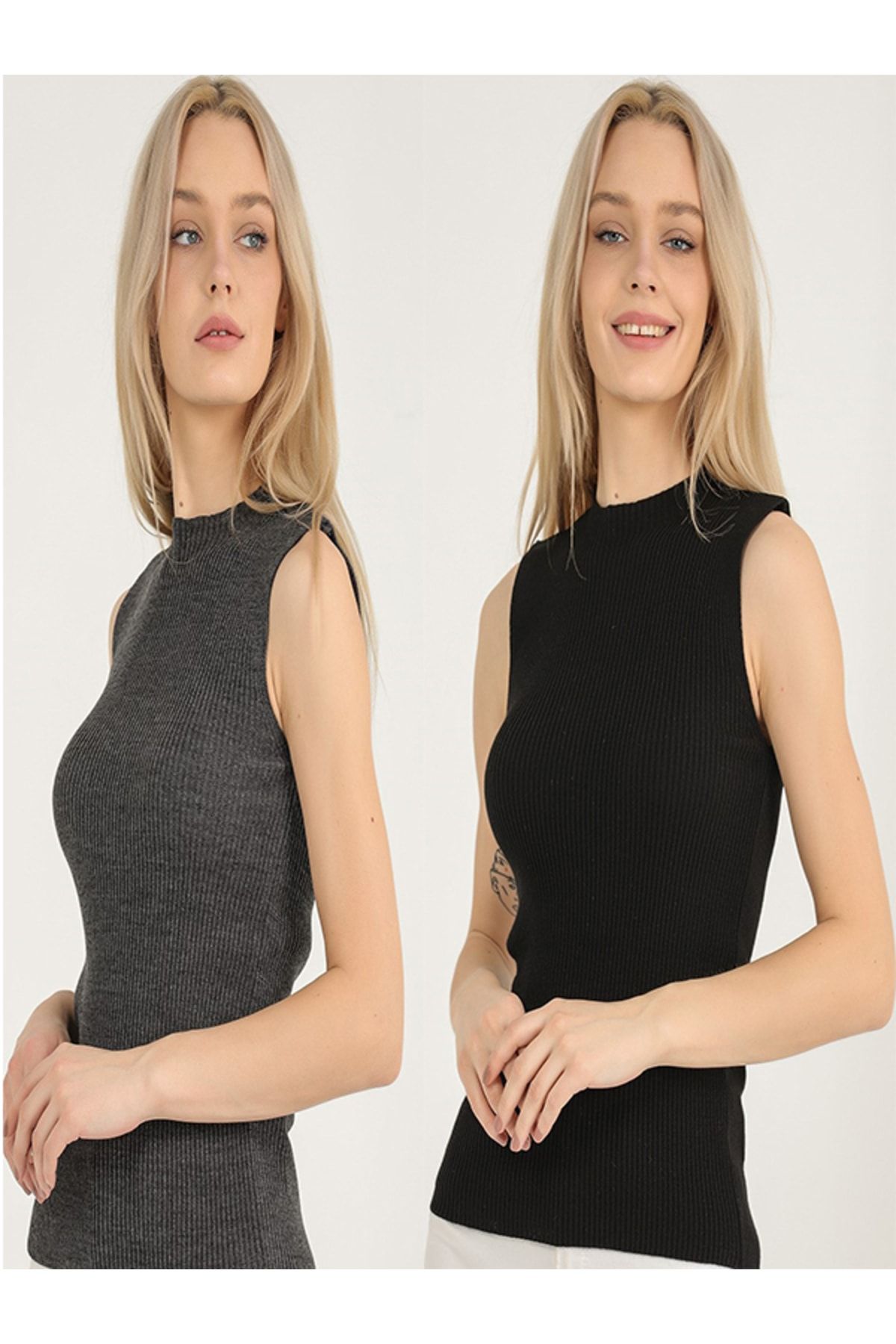 VEGENZE-Women's Anthracite Black Self-Collared Zero Sleeve Ribbed Stretchy Knitwear Sweater 1