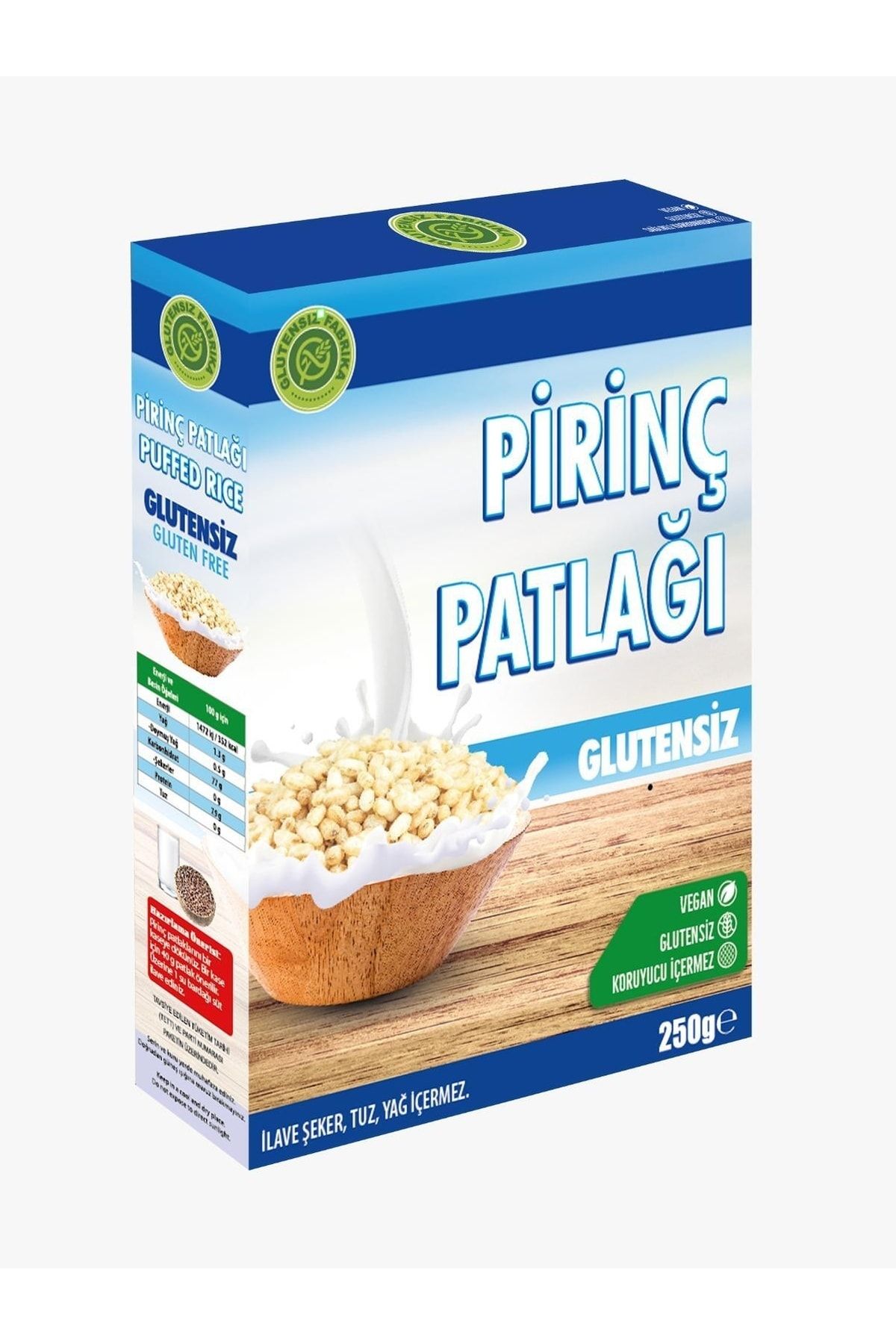 GLUTENSİZ FABRİKA Glutensiz Pirinç Patlağı Sade 250 Gram Katkısız Vegan