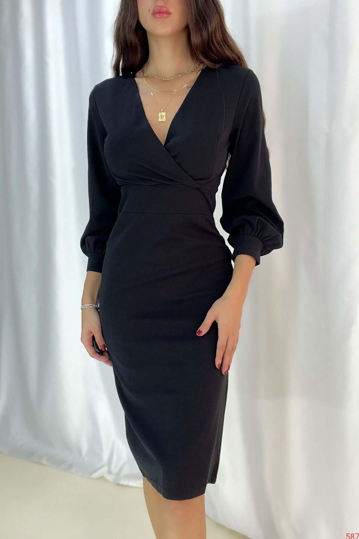 Deafox Siyah Krep Kumaş Uzun Kollu Kruvaze Yaka Elbise