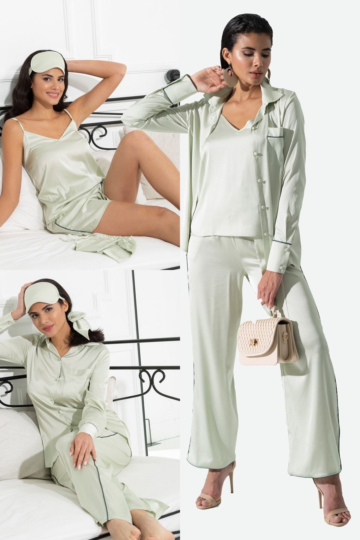 For You İn Out 7 Li Içeride Ve Dışarıda Saten Biyeli Yeşil Pijama Takımı