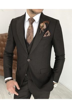 Italyan Stil Ceket Yelek Pantolon Takım Elbise Kahverengi T5733
