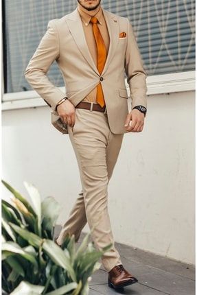Italyan Stil Slim Fit Erkek Çizgili Ceket Pantolon Takım Elbise Bej T7337
