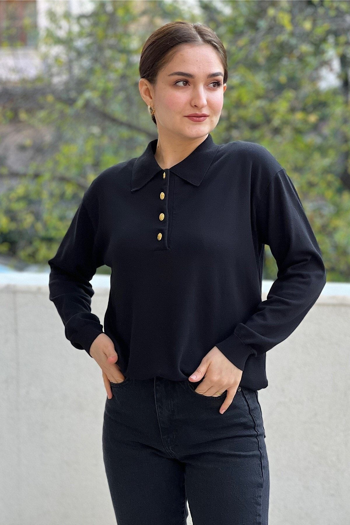 Black polo neck with gold buttons hotsell