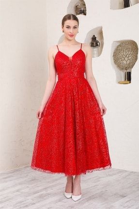 Kırmızı Glitter Kemerli Abiye Elbise L001221