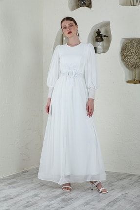 Kadın Beyaz Kemerli Abiye Elbise elbs0159