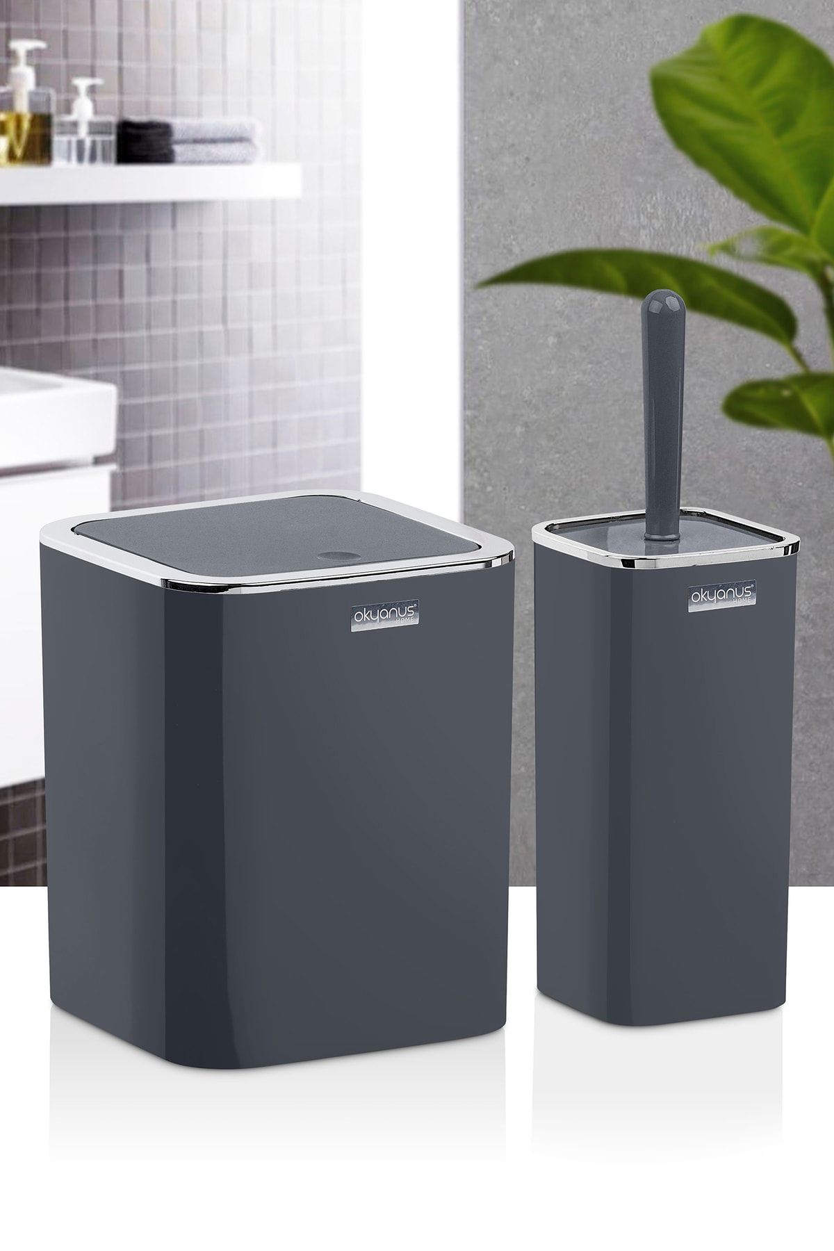 Okyanus Home Antrasit Kromlu Kare 2'li Wc Kova Ve Fırça Seti BY8811