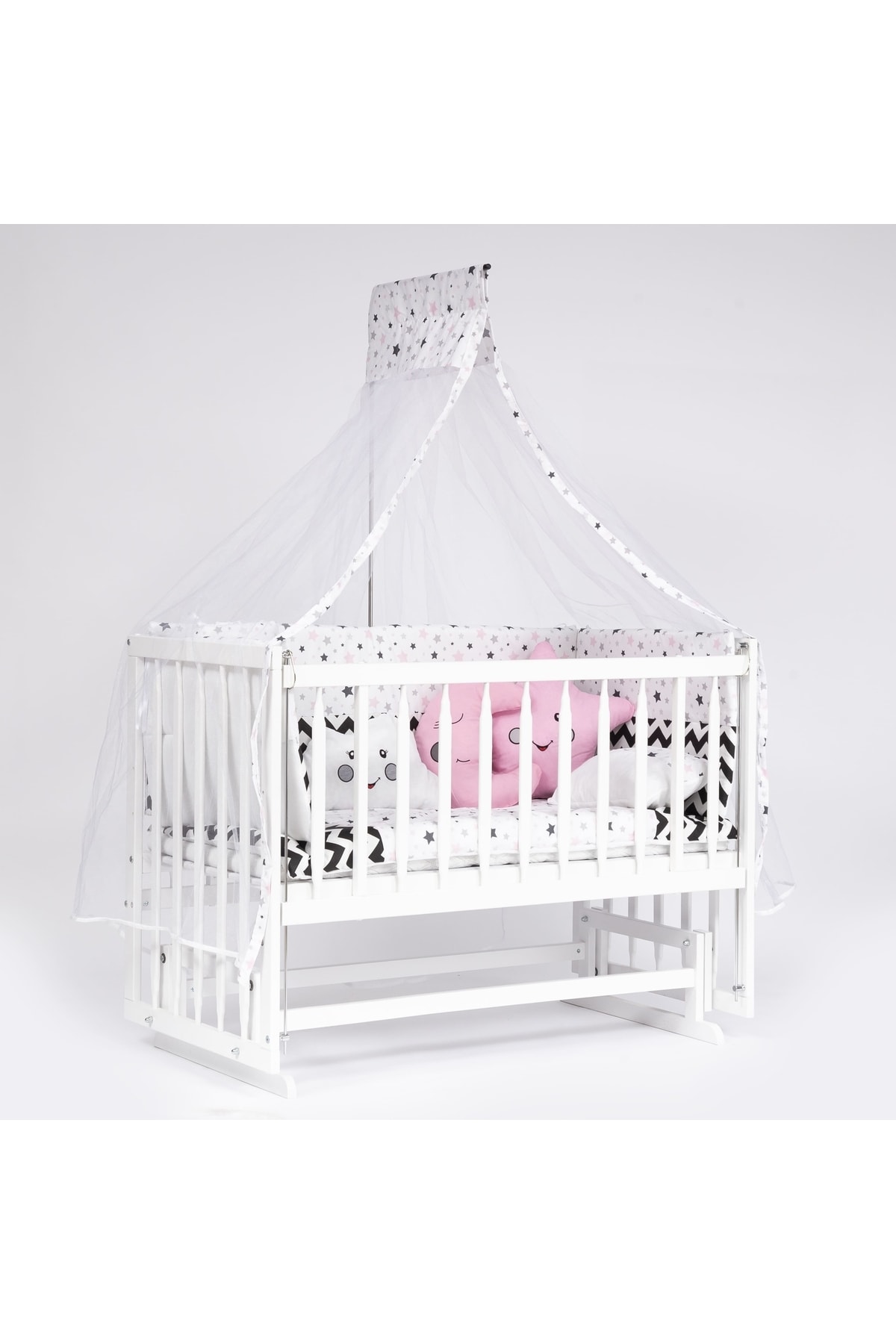 bebeget Süper Natural Ahşap Beşik 4 Kademeli Beyaz Anne Yanı Sallanır 60x120-b05 Pembe Ay Uyku Seti+yataklı