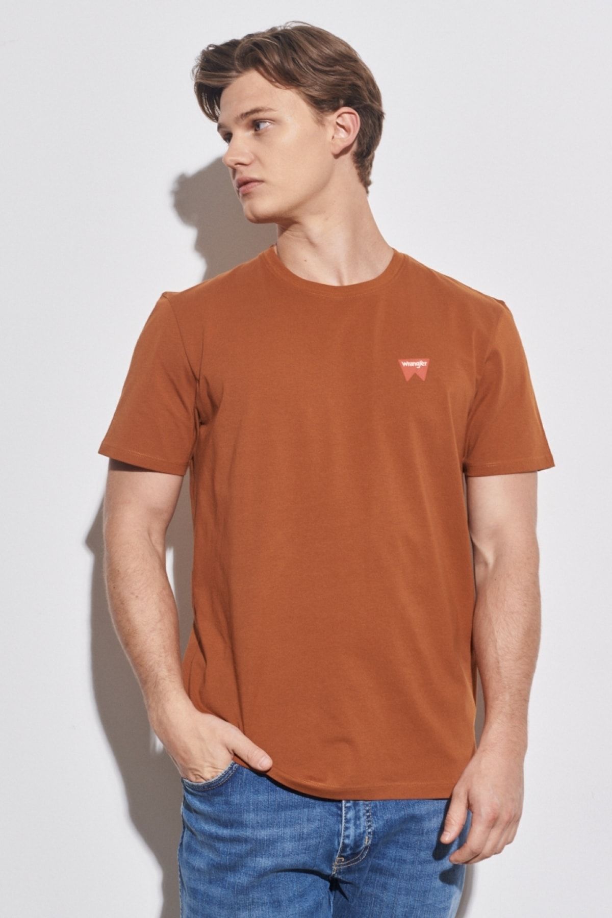 تی شرت چند رنگ مردانه به طور منظم مناسب برش طبیعی 100 ٪ یقه دوچرخه پنبه ای قهوه t shirt Wrangler