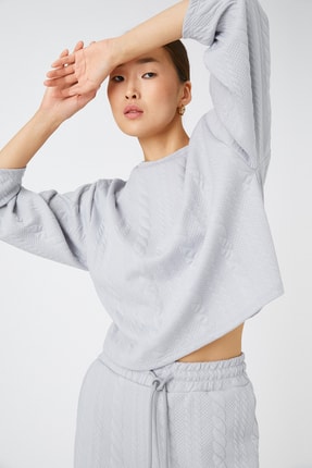 Koton Crop Sweatshirt &Ouml;rg&uuml; Desenli Uzun Kollu