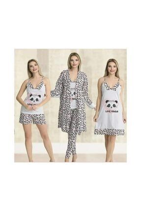 Panstar Kadın Sabahlıklı Beyaz Panda Baskılı Pijama Takımı 0100975