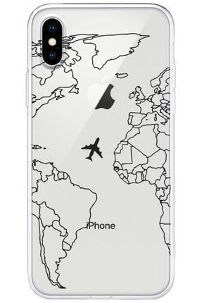 Iphone X Şeffaf Çizgisel Dünya Haritası Desenli Telefon Kılıfı IPXLN-169