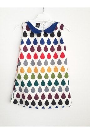 Dalgıç Kumaş, Mavi Bebek Yaka, Renkli Kız Çocuk Mini Elbise 0892594-2