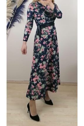 Likralı Krep Kumaş Çiçekli Elbise - Siyah FEM003802