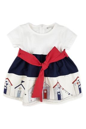Kız Bebek Kısa Kol Kırmızı Kuşaklı Ev Baskılı Elbise LG 5307