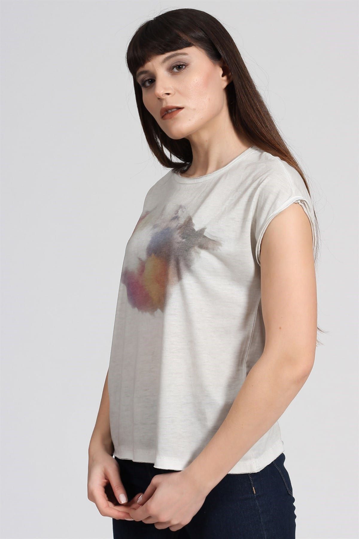 Seamoda-Γυναικείο μπλουζάκι Rainbow Basic με στάμπα-μπεζ PRA-236846-544330 2