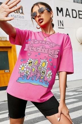 Kadın Fuşya Pembe Groovy Feeling Oversize T-shirt - K2174