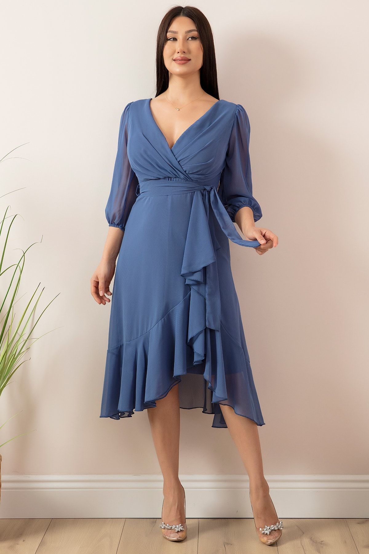 PULLIMM-13372 Double Breasted Collar Fakir Sleeve Skirt Valon Dress 4