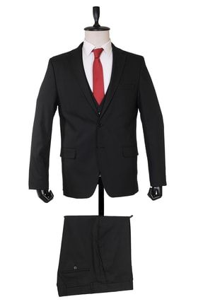 Siyah Düz Desen Mono Yaka 6 Drop Yelekli Slim Fit Takım Elbise 1001215186