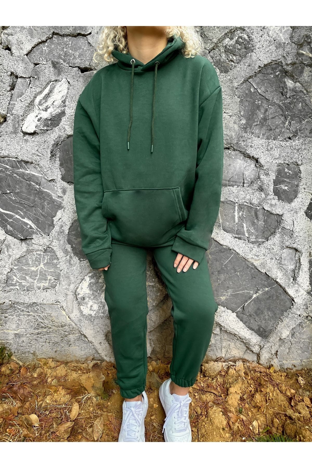 TREND Thick Green Tracksuit Set Three Thread Raised Trendyol