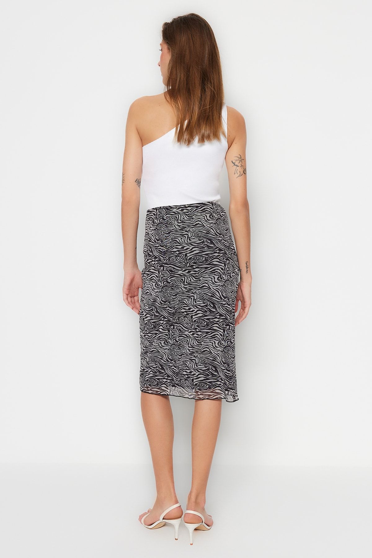 Trendyol Collection-Multicolored Zebra Patterned Tulle Pencil High Waist Midi Stretchy Knitted Skirt TWOSS23ET00020 7