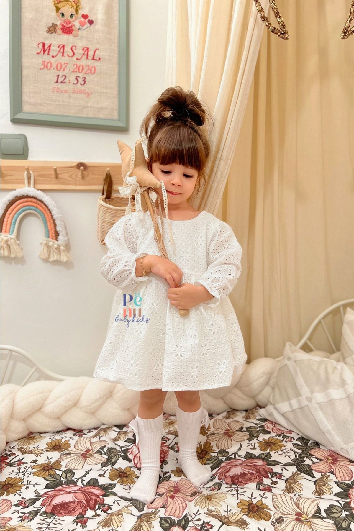 Beyaz Fisto Uzun Kol Kız Bebek Elbise - Diana