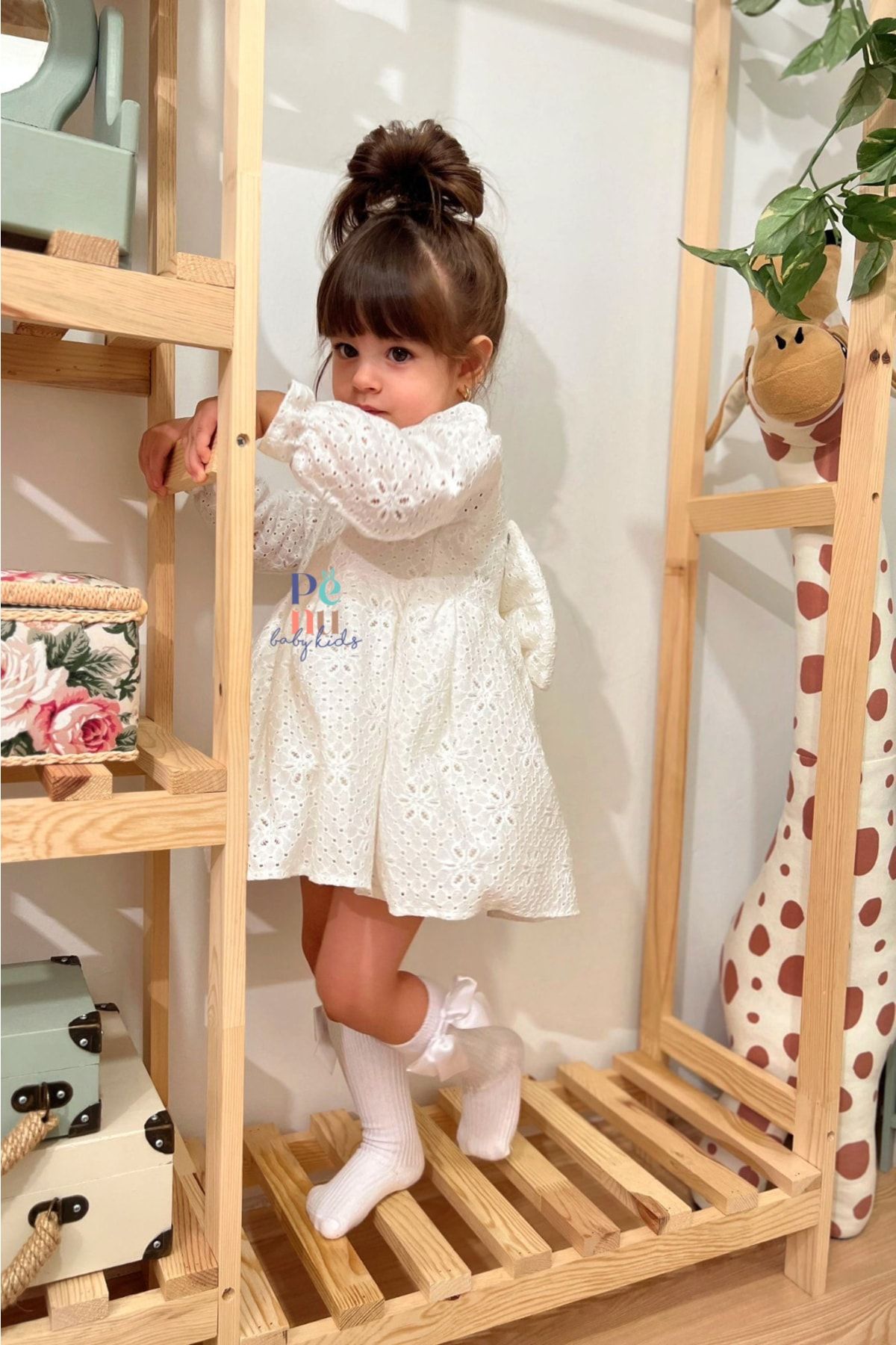Beyaz Fisto Uzun Kol Kız Bebek Elbise - Diana