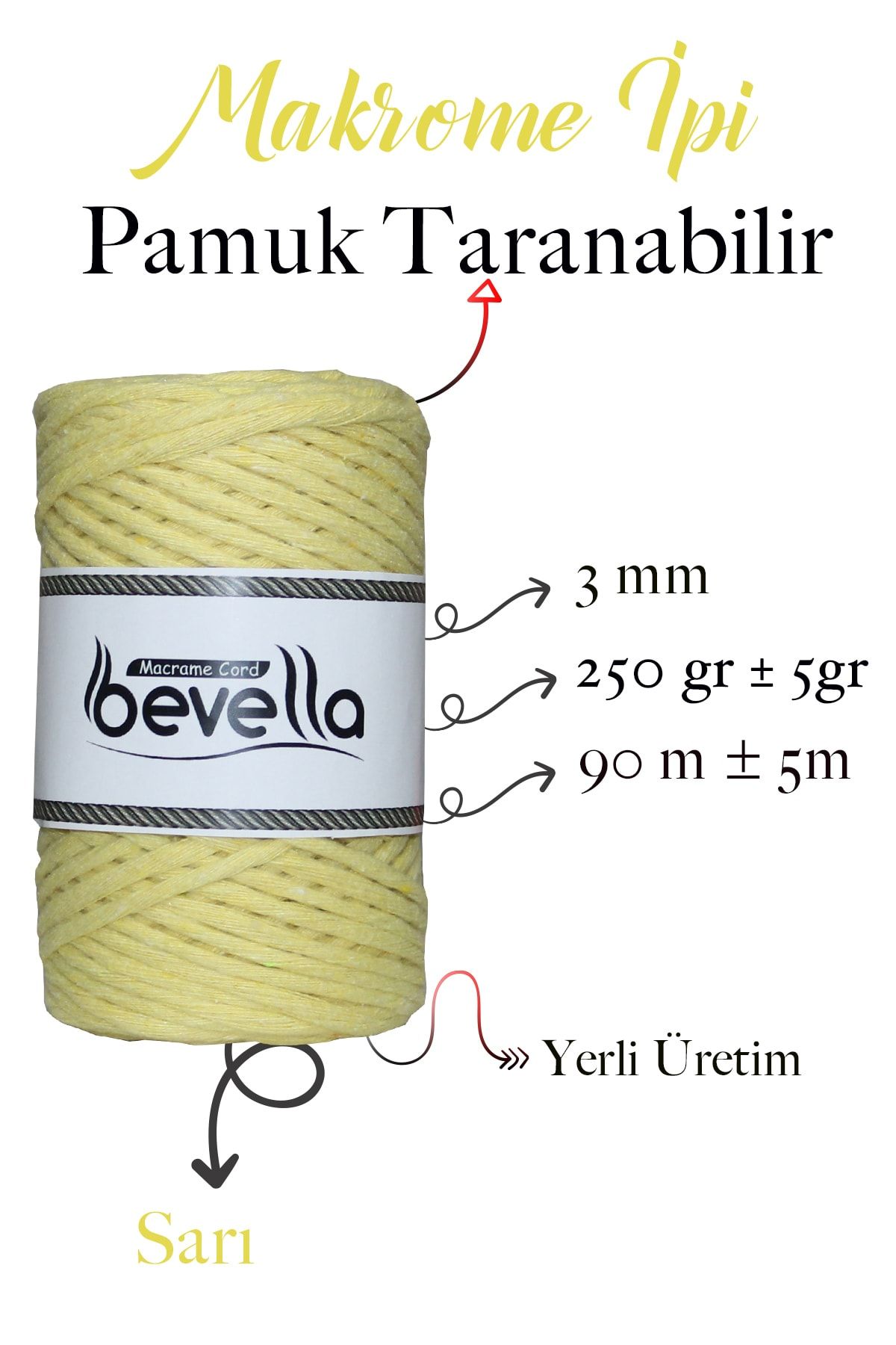Bevella Macrame Cord-سلسلة مكرامية قابلة للرسم مقاس 3 مم من القطن بحلقة واحدة باللون الأصفر 2