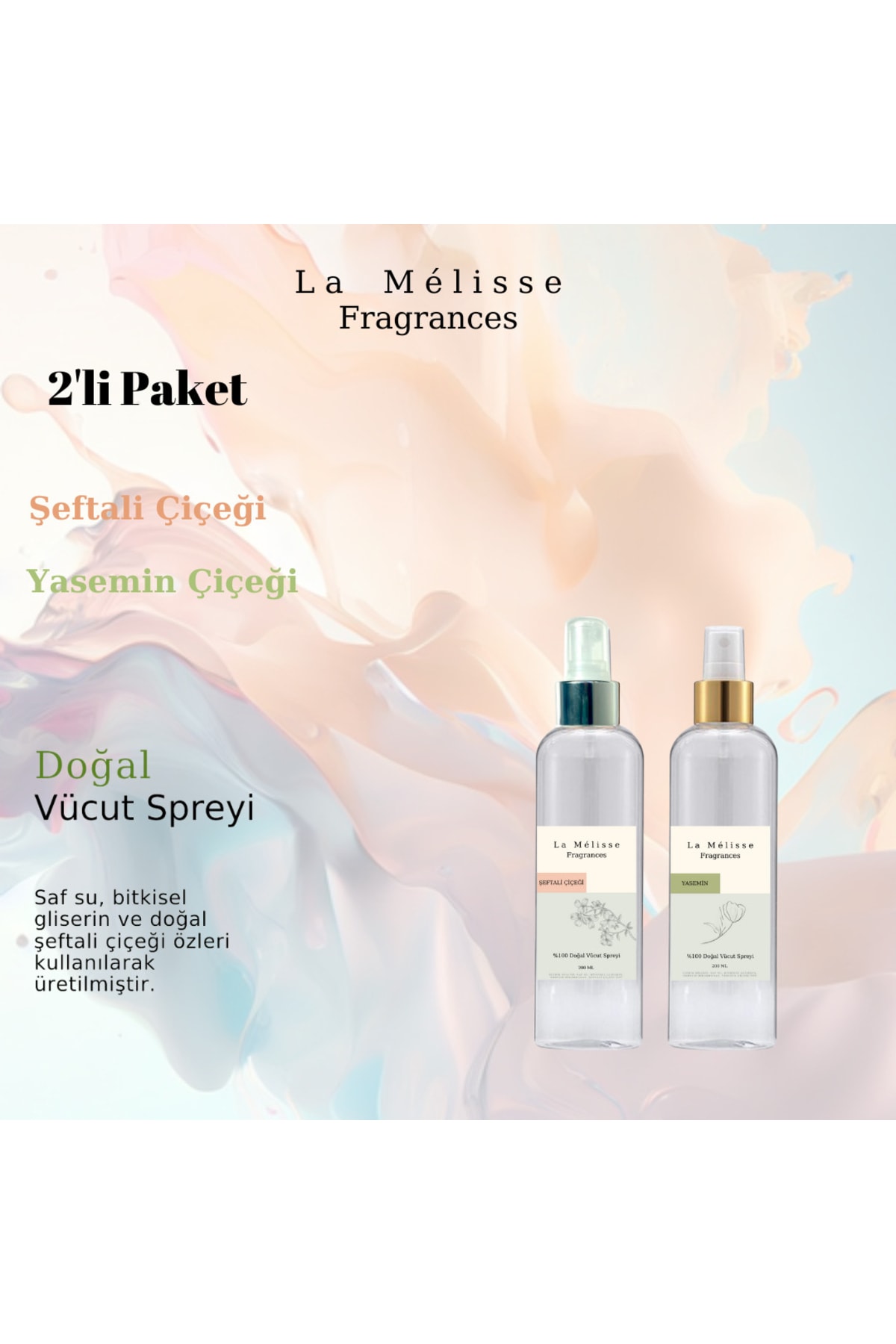 La Melisse Fragrances 2'li Paket Şeftali Çiçeği Ve Yasemin Çiçeği Vücut Spreyi %100 Doğal (2*200 Ml)