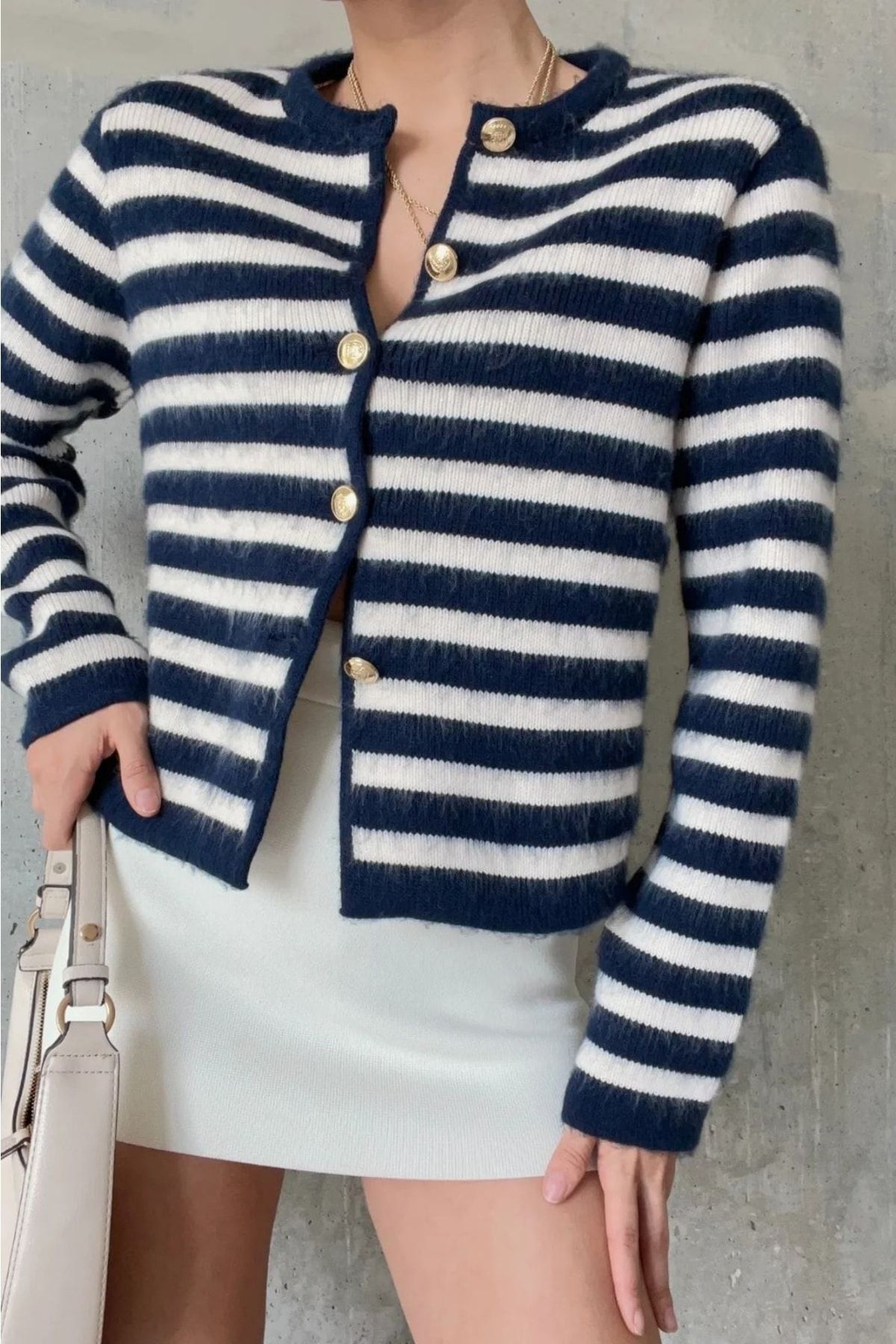 fujya Women s Navy Blue Striped Crew Neck Furry Overless Knitwear Cardigan
