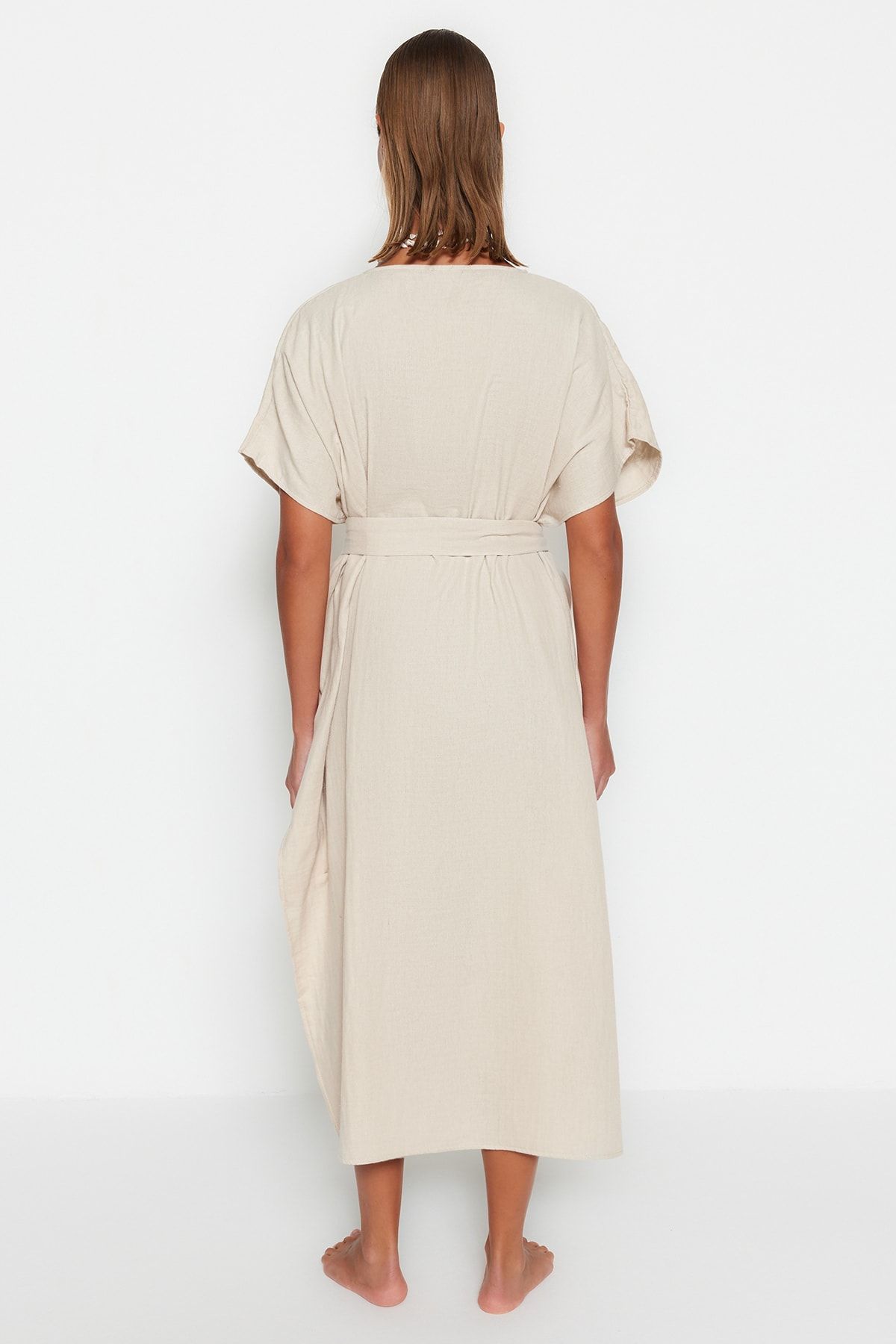 Trendyol Collection-Maxi Beige Belted Slit Muslin Beach Kimono - Tbess23Km00019 8