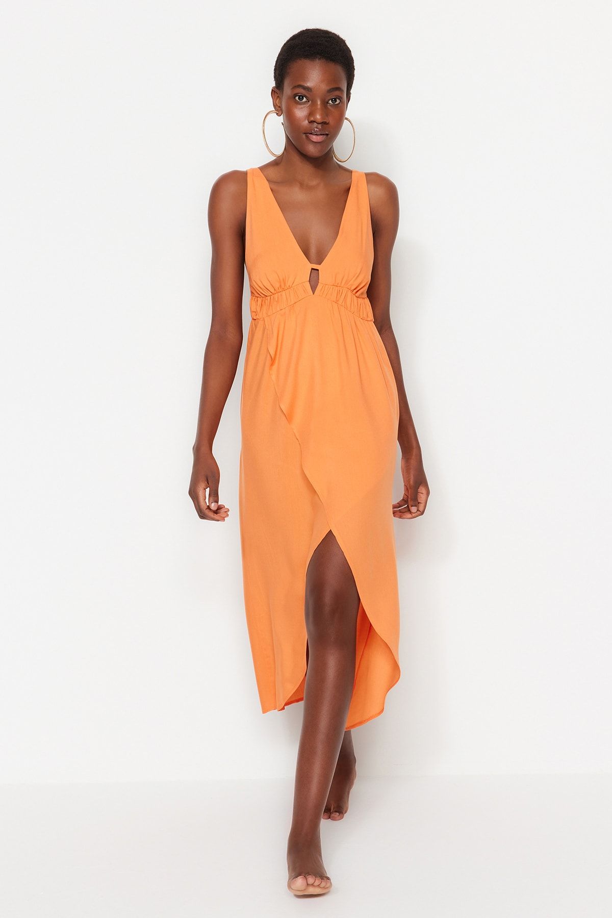 Trendyol Collection Orange Midi Woven Gathered Beach Dress