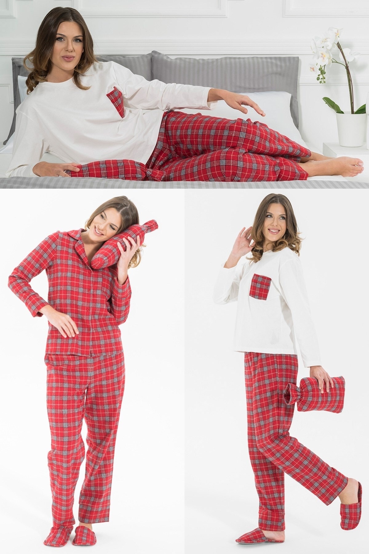 FOR YOU MODA Kadın 5 Li Terlikli Kırmızı Ekoseli Pijama Takımı