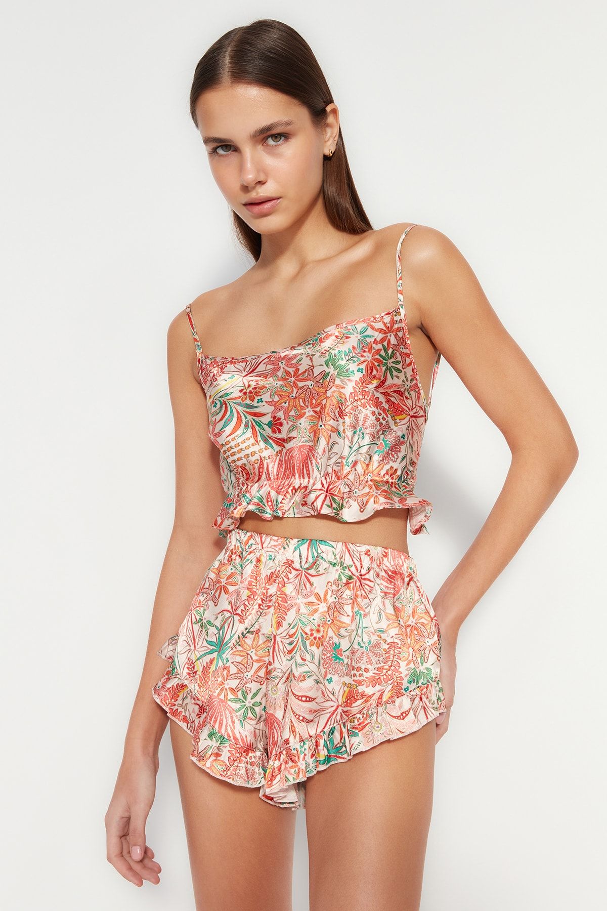 Trendyol Collection-Woven Pajamas Set with Multicolor Floral Ruffles and Back String Satin Shorts Thmss23Pt00048 7