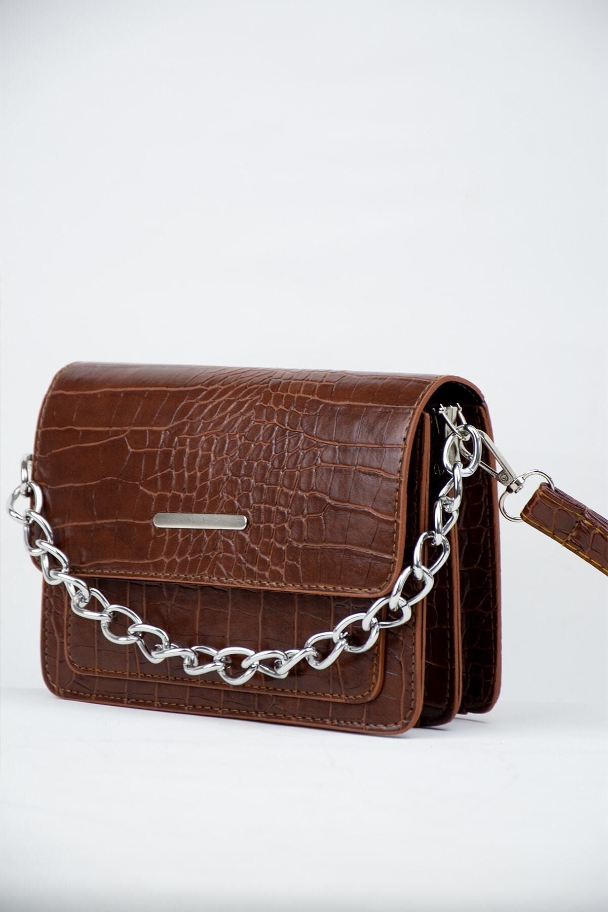 MEİZEN Taba Kadın Timsah Desenli Clutch Baget Zincir Askılı Çanta