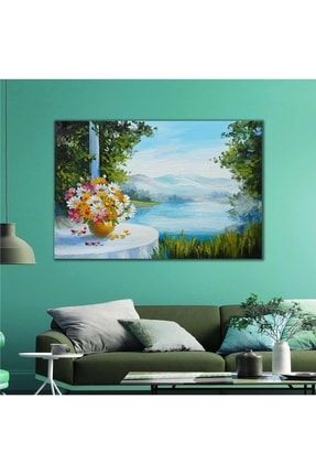 Yağlı Boya Efektli Masa Üstünde Renkli Çiçekler Göl Kenarında Dağın Eteğinde Manzara Kanvas Tablo T2020067