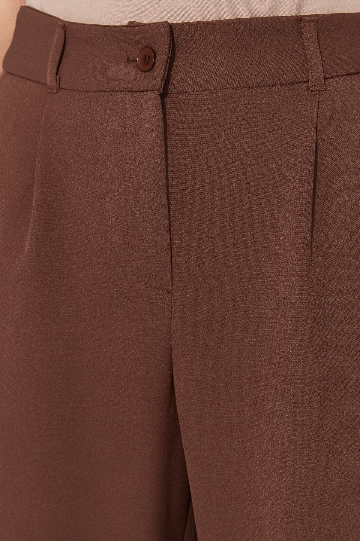 Trendyol Collection-Tmavě hnědé plisované kalhoty se širokým pasem - Twoaw21Pl0076 5