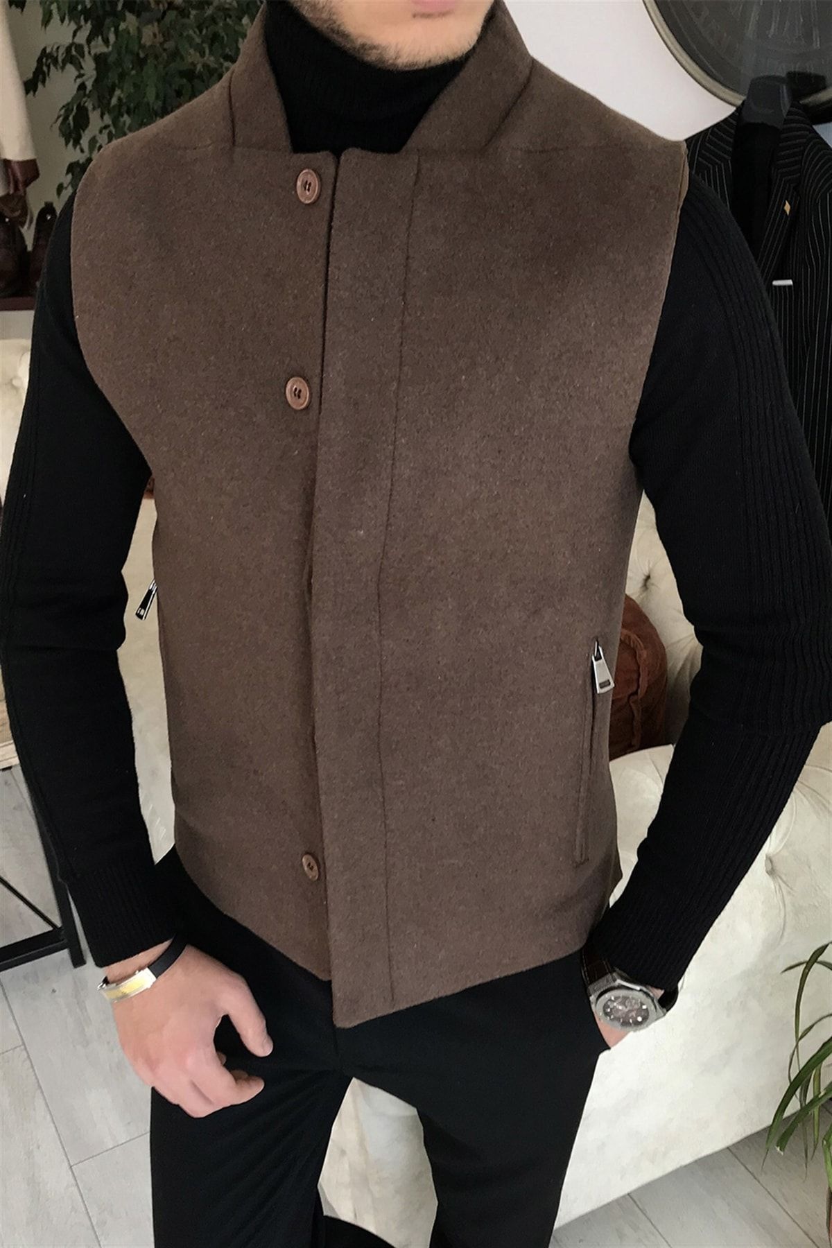 Italyan Stil Slim Fit Yün Karışımlı Hakim Yaka Cepken Yelek Kahverengi T8338