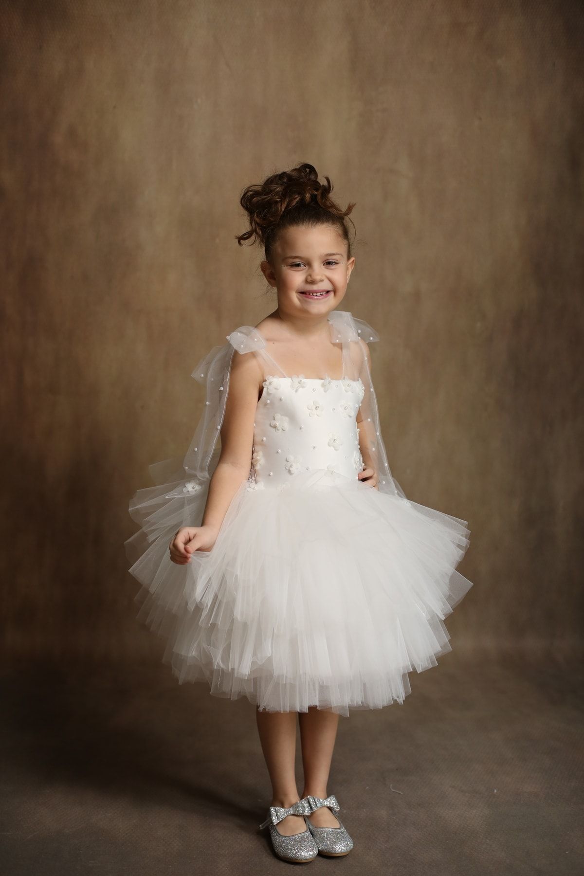 black white wedding-Rochie albă pentru fete, cu flori tridimensionale, cu fundă pe umeri, mini rochie cu pliuri 3