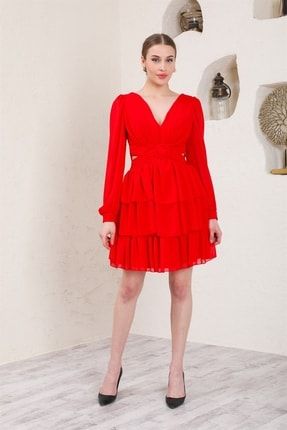 Kırmızı Eteği Katlı Şifon Abiye Elbise L001209
