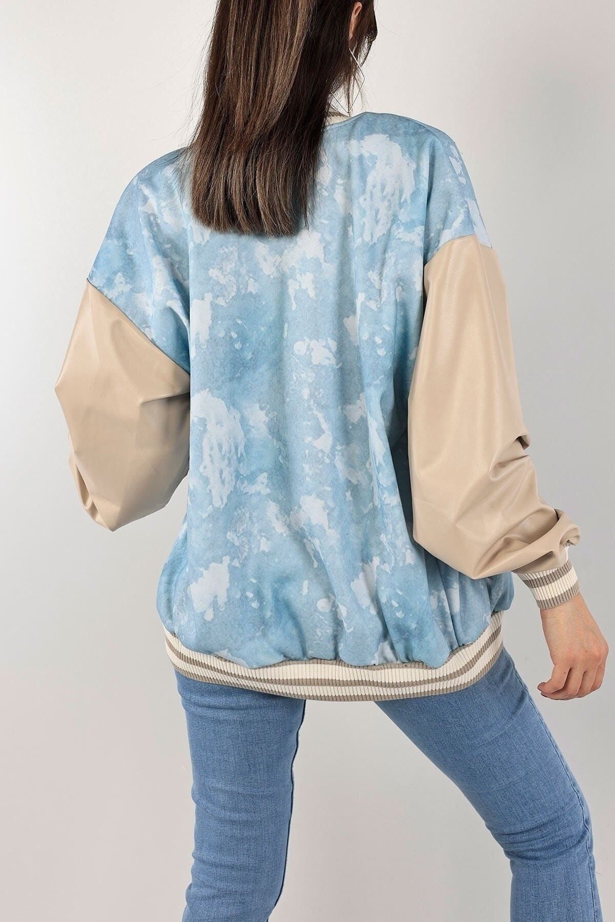 R Batik Mavi Kolları Deri Oversize Unisex Kolej Ceket