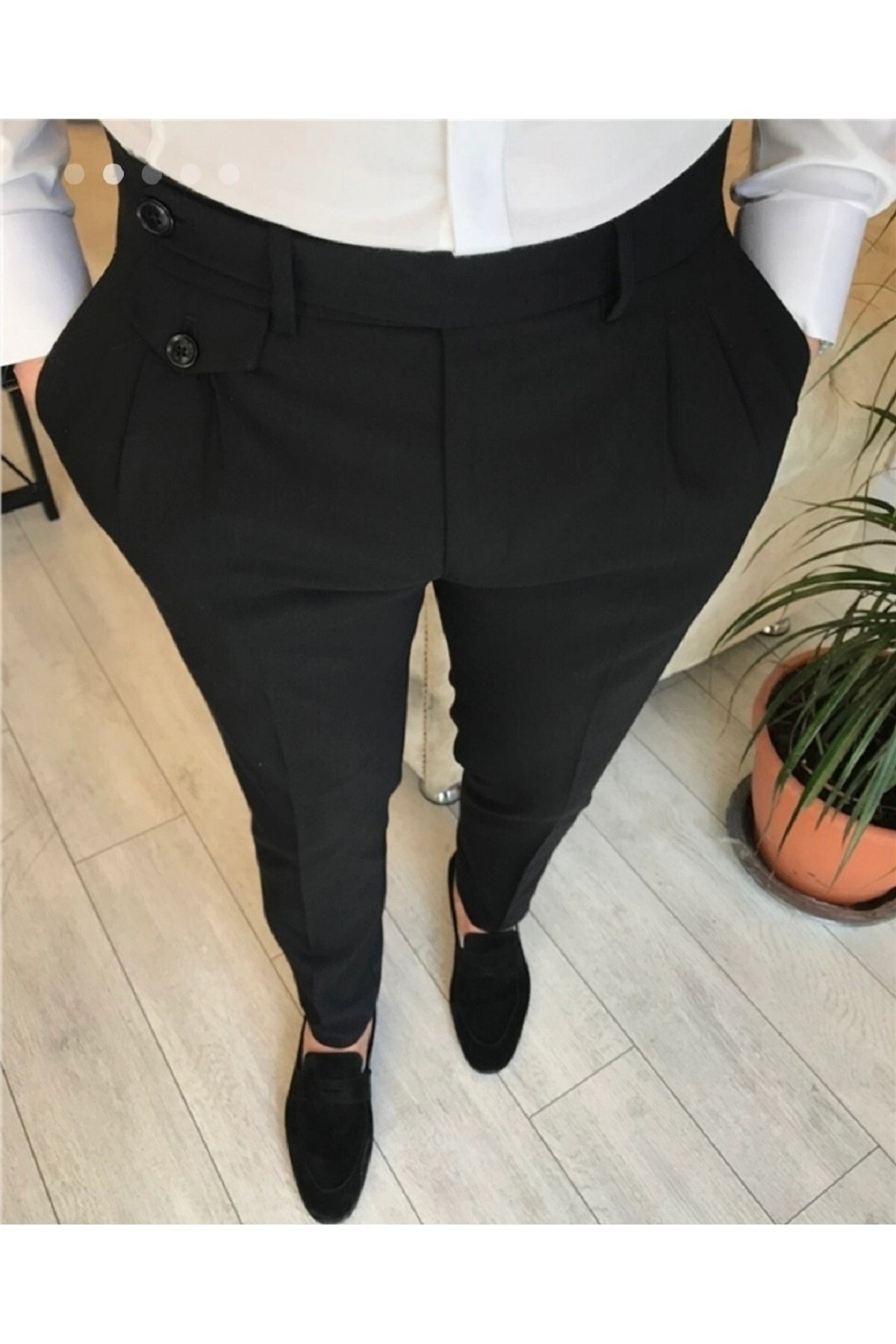 moda biz Erkek Siyah Pileli Italyan Kesim Slim Fit Kumaş Pantolon