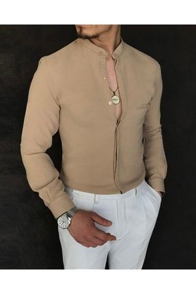 Italyan Stil Slim Fit Erkek Hakim Yaka Gömlek Bej T4878