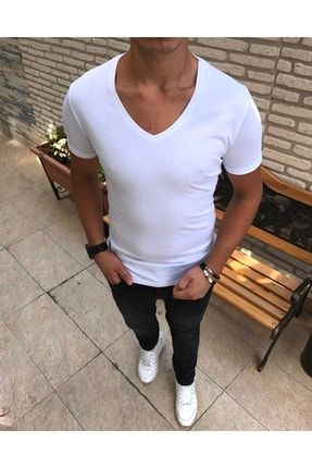Italyan Stil V Yaka Kısa Kol Basic T-shirt Beyaz T4632
