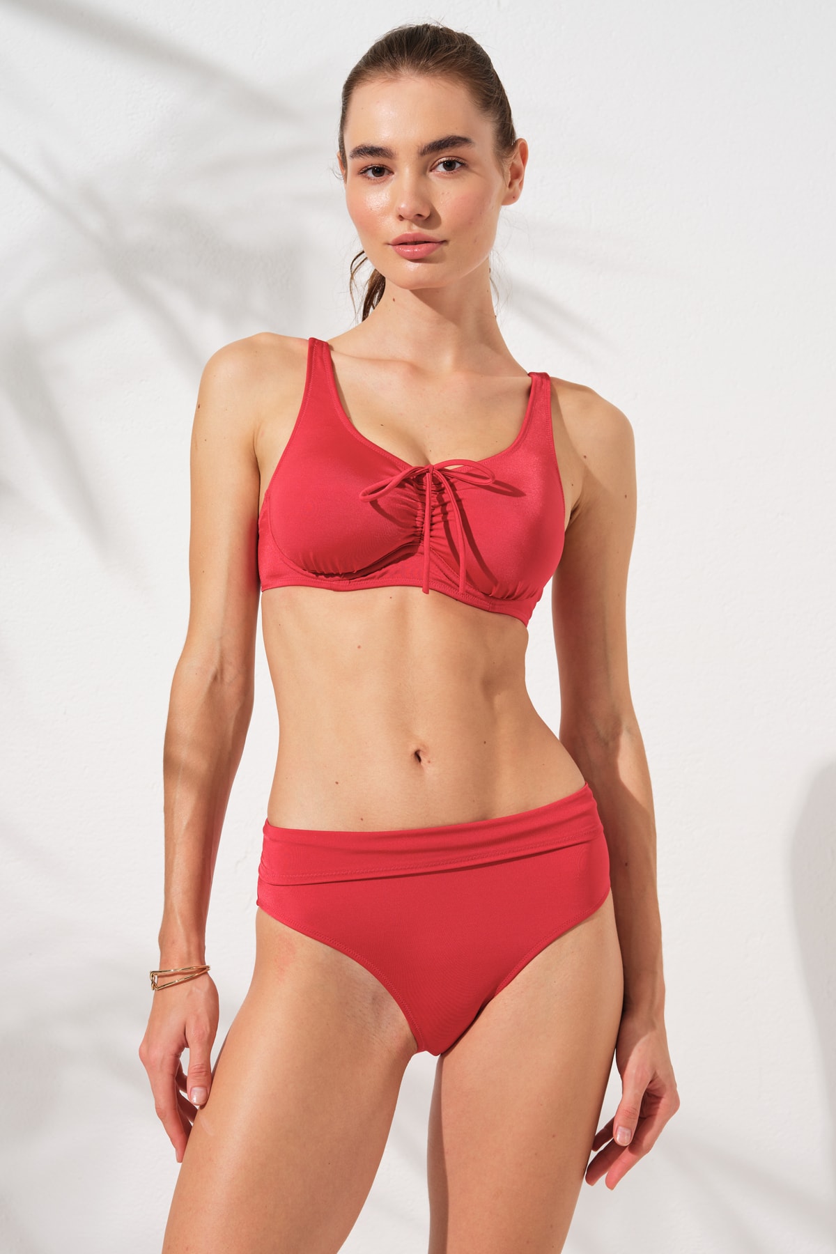 Pierre Cardin Kırmızı Büzgülü Balenli Toparlayıcı Bikini Takımı Katlanabilir Yüksek Bel Detaylı Kullanışlı